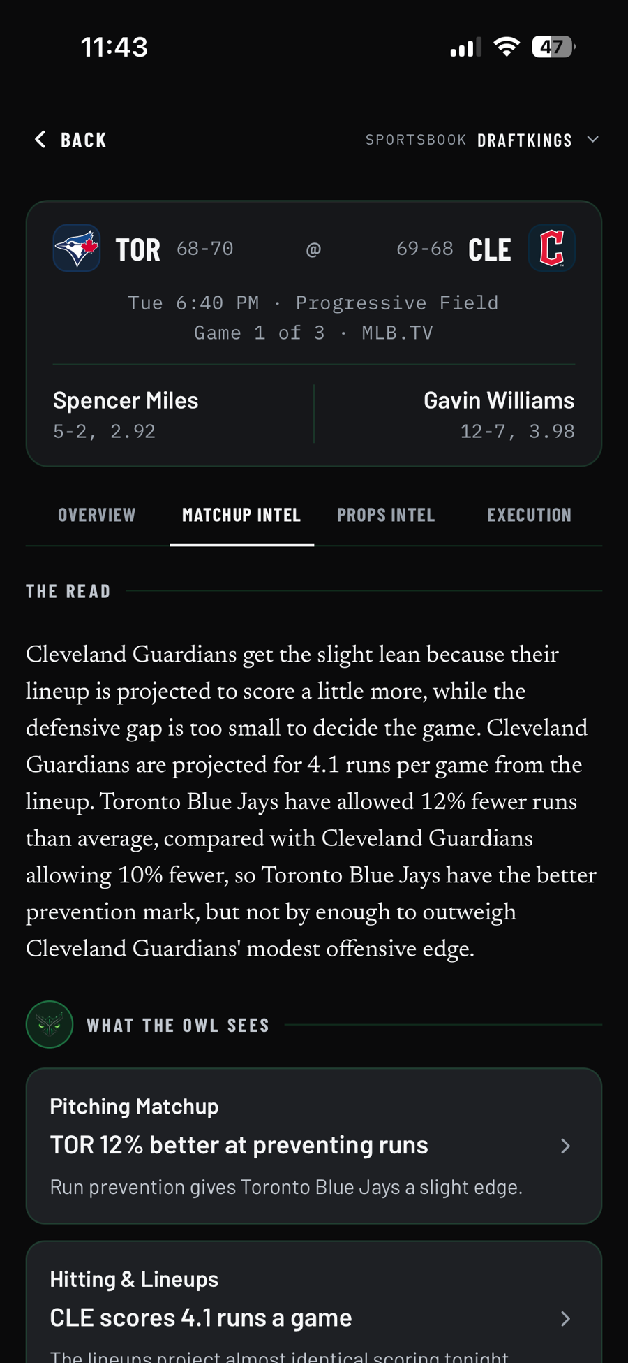 Owl & Odds Matchup Intel screen explaining the analysis behind a game
