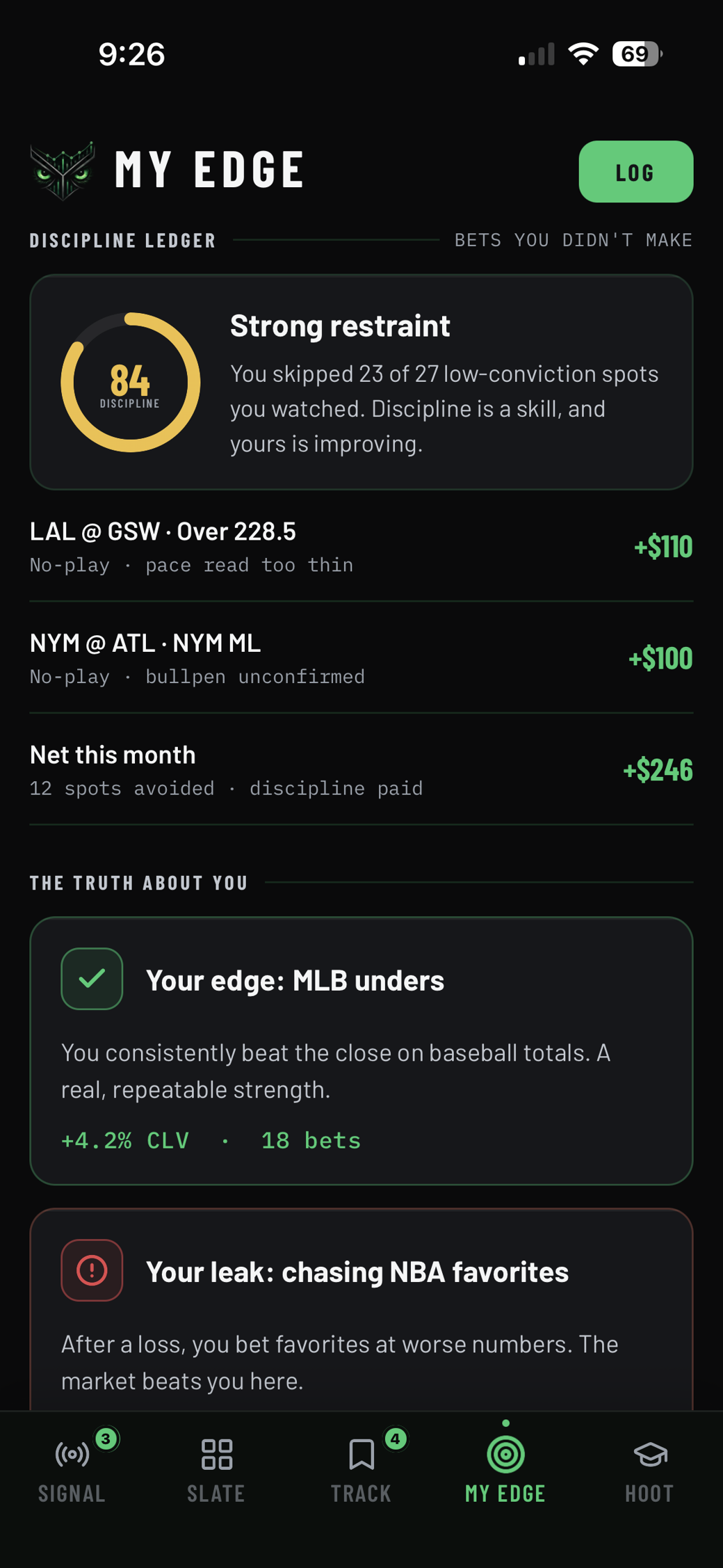 Owl & Odds My Edge personal betting analytics dashboard