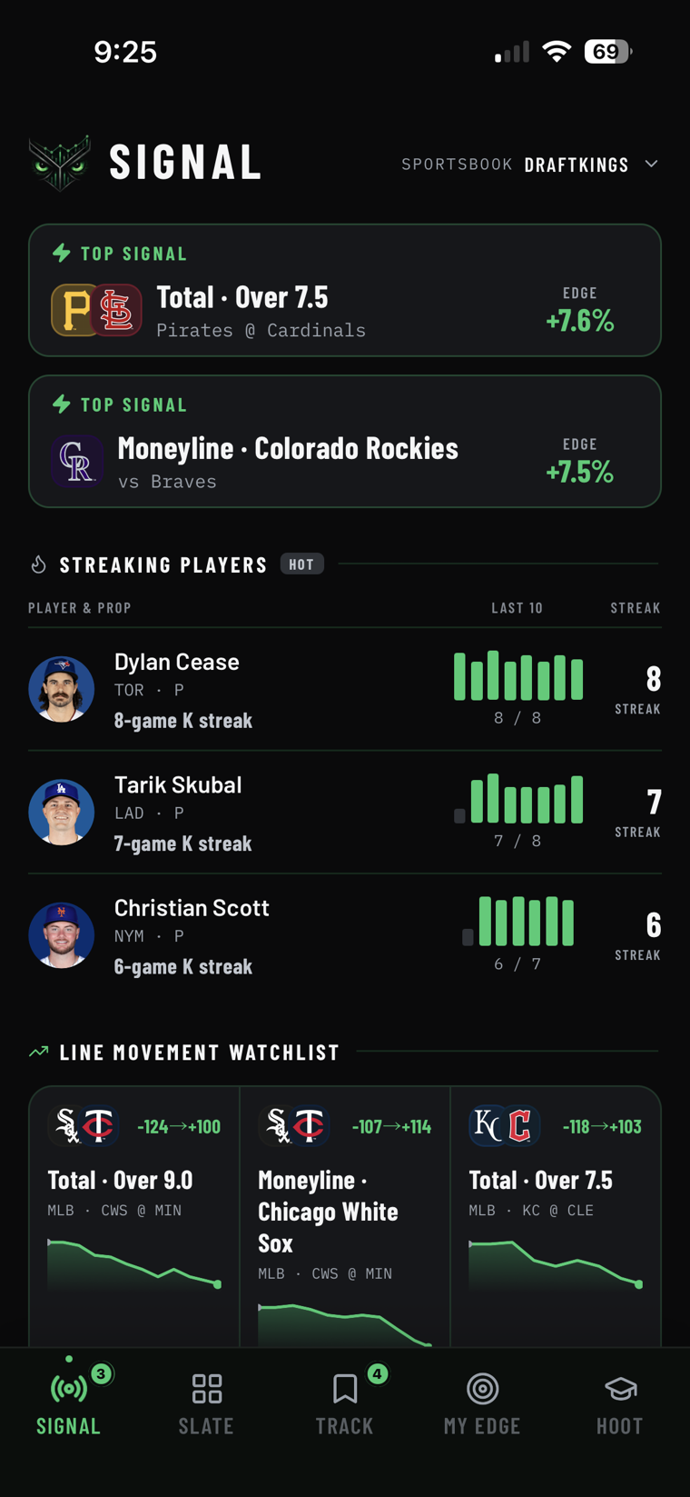 Owl & Odds Signal screen showing top betting signals and market insights