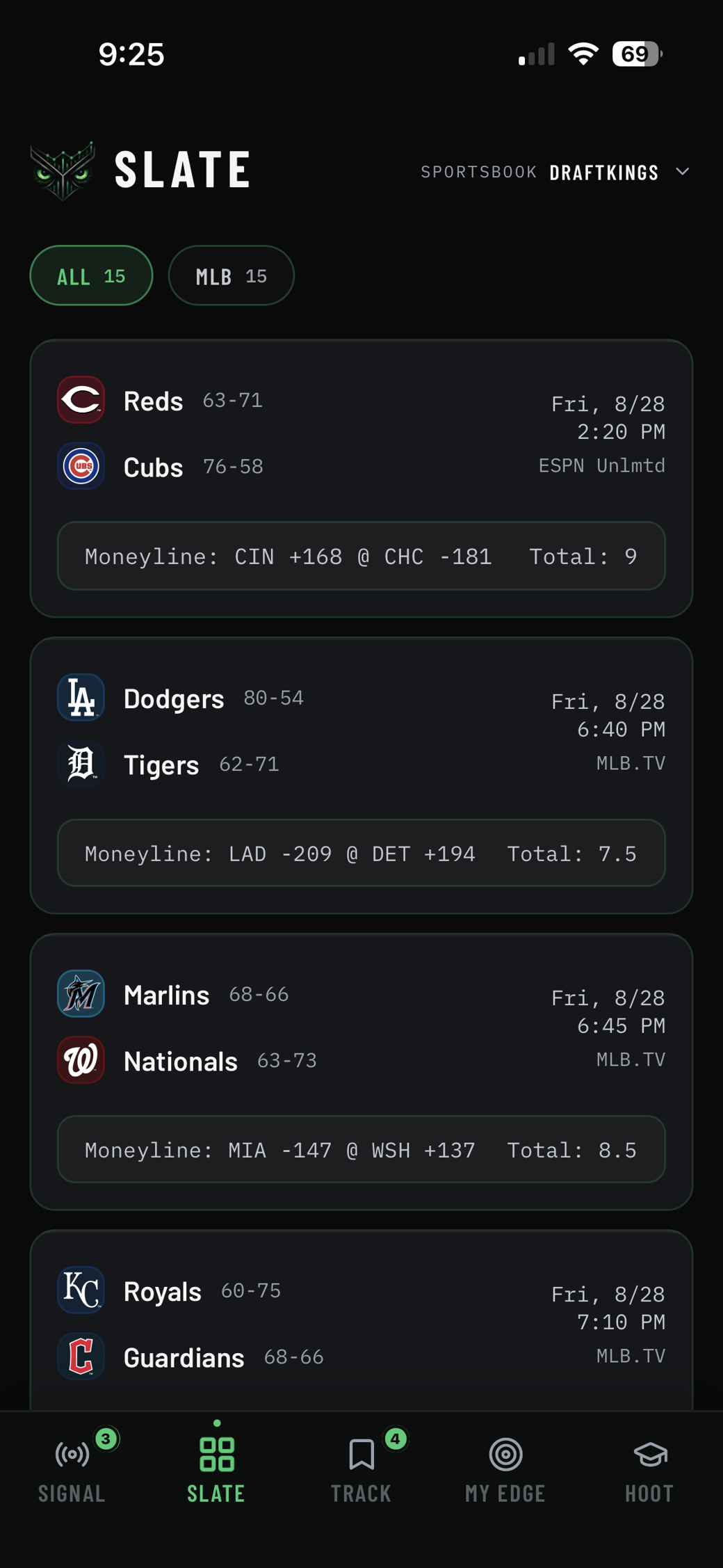 Owl & Odds Slate showing every game on the day's board with its matchup and market lines