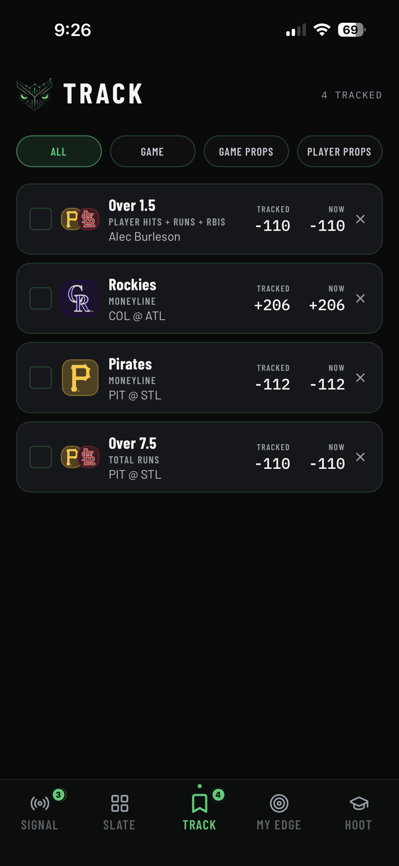 Owl & Odds Track screen showing tracked bets with the price when tracked beside the current market price